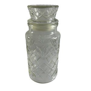 Vintage 1983 Planters Peanuts Clear Glass Diamond Pattern Canister W Lid Jar